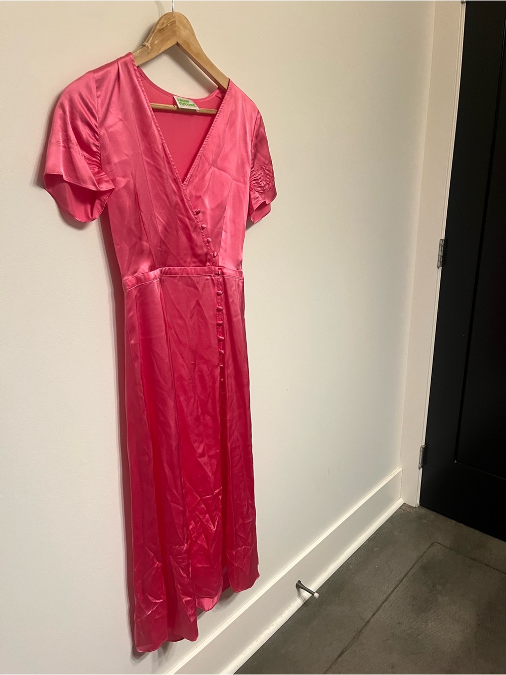 100% silk Hot Pink Satin V-Neck Maxi Dress with Covered Buttons - From Future